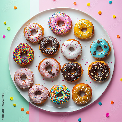 A vibrant assortment of colorful donuts with glossy icing and sprinkles sits invitingly on a white plate. Each sweet treat offers a playful burst of flavor and a delightful visual feast.

