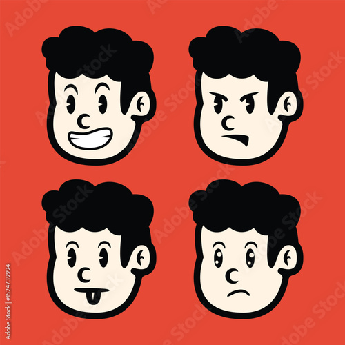 Cartoon boy facial expressions in flat vector style showing happy, sad, surprised, and cheerful emotions on red background. Editable character icons for various creative uses