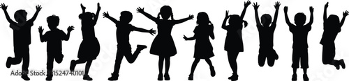 Vector silhouette of happy kids jumping, children playing together, joyful movement, childhood activity, energetic fun, black isolated figures, outdoor excitement