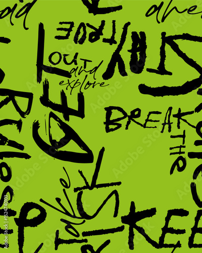 Abstract seamless chaotic pattern with urban graffiti words, scuffed and sprays. Grunge texture background. Wallpaper . Fashion sport style