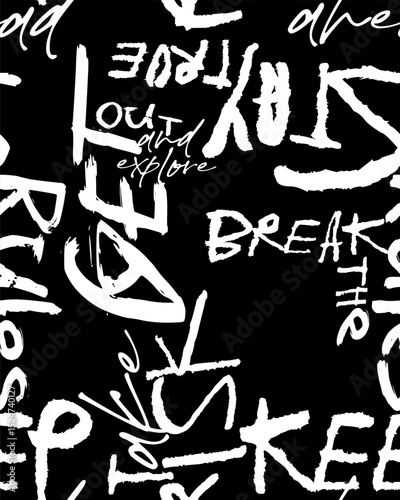 Abstract seamless chaotic pattern with urban graffiti words, scuffed and sprays. Grunge texture background. Wallpaper . Fashion sport style