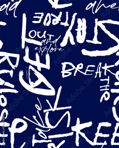 Abstract seamless chaotic pattern with urban graffiti words, scuffed and sprays. Grunge texture background. Wallpaper . Fashion sport style