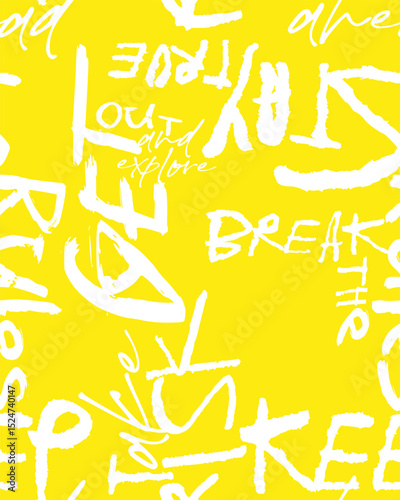 Abstract seamless chaotic pattern with urban graffiti words, scuffed and sprays. Grunge texture background. Wallpaper . Fashion sport style