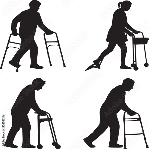 Silhouettes of people using walkers and canes for mobility assistance on a white background layout