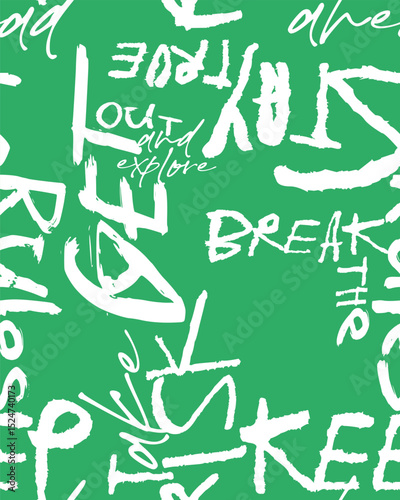 Abstract seamless chaotic pattern with urban graffiti words, scuffed and sprays. Grunge texture background. Wallpaper . Fashion sport style