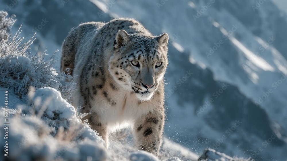 Obraz premium Majestic Snow Leopard Walking Through Snowy Mountains Winter Wildlife Scene