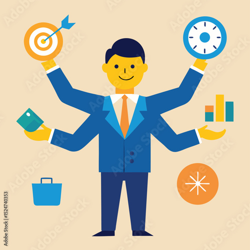 Multitasking Businessman Time Management, Goal Setting, and Data Analysis Vector Illustration