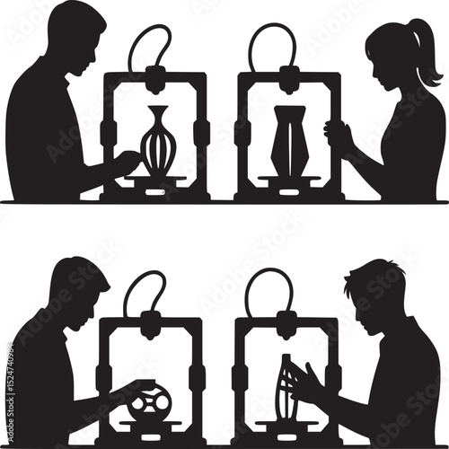 Silhouettes of people using d printers to create various objects on a white background design art