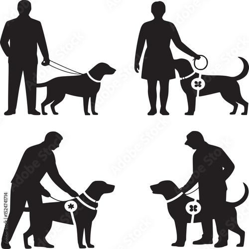 Four silhouettes of people with service dogs in various poses on a white background vector image