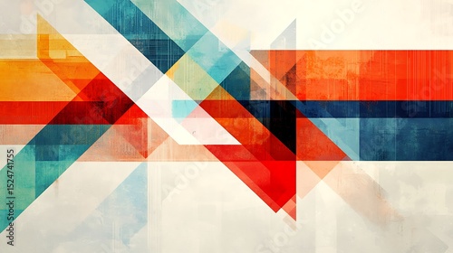 A colorful abstract geometric composition featuring overlapping transparent rectangles and lines in red, orange, blue, and teal tones.