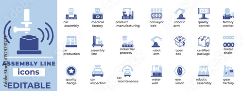 Editable assembly line vector icons for industrial, automation, and manufacturing use. Clean, modern, professional design.