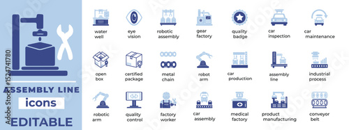 Editable assembly line vector icons for industrial, automation, and manufacturing use. Clean, modern, professional design.