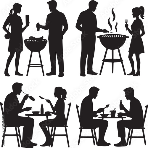 Silhouettes of people grilling and eating at tables in a backyard barbecue setting illustration