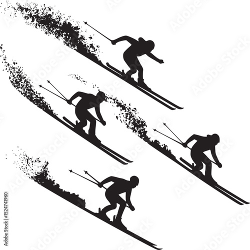 Silhouettes of skiers descending a slope with snow spray in a black and white illustration design
