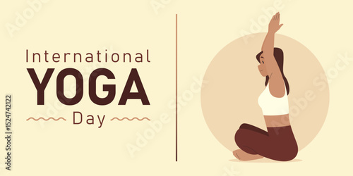 21 June International Yoga Day banner or poster with a woman practices yoga or asana by meditating in a lotus pose with her eyes closed. Flat cartoon character design. 