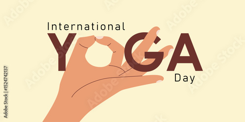 21 June International Yoga Day banner or poster with a woman practices yoga or asana by meditating in a lotus pose. Close up hand gestures in lotus pose . Flat cartoon character design. 