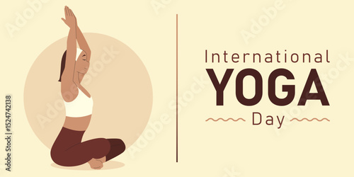21 June International Yoga Day banner or poster with a woman practices yoga or asana by meditating in a lotus pose with her eyes closed. Flat cartoon character design. 