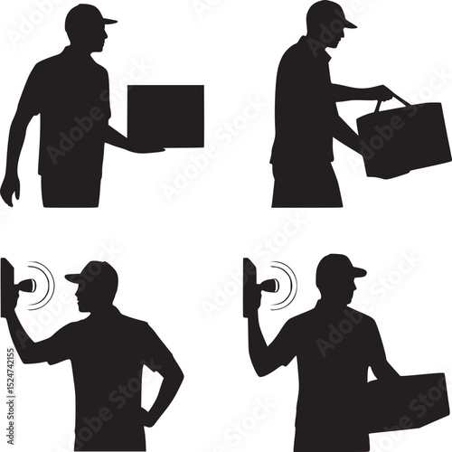 Delivery person silhouette in various actions including holding packages and ringing doorbells on white