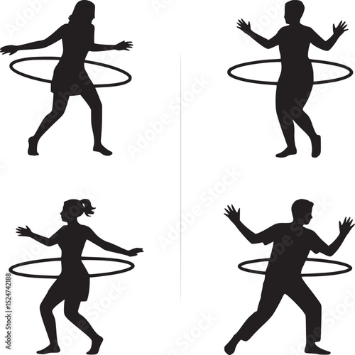 Four silhouettes of people hula hooping in a grid pattern on a white background in a square format