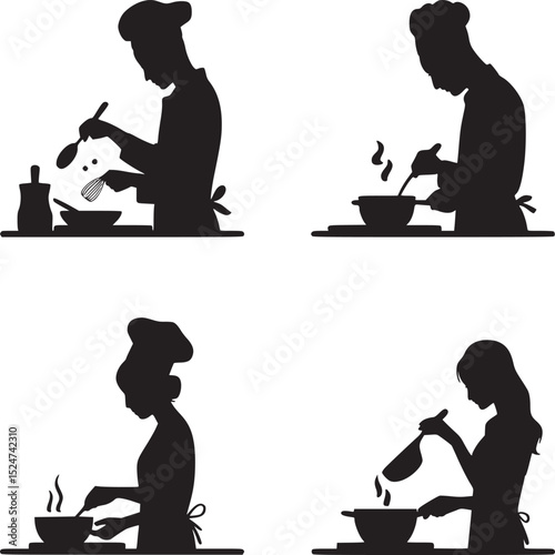 Four silhouettes of chefs cooking and preparing food in a kitchen on a white background illustration