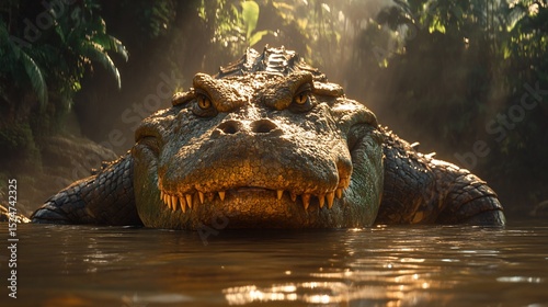Huge crocodile in jungle river.  Close-up view of a massive reptile