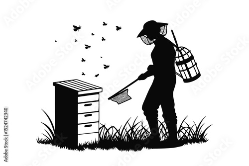 "Beekeeper Silhouette Vector – Standing by Open Beehive with Smoker and Tool on Grass"