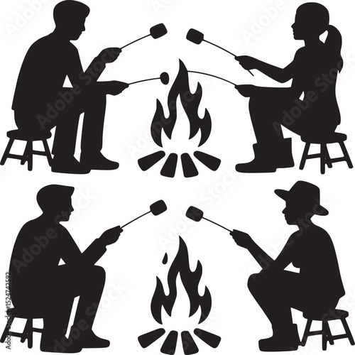 Silhouettes of people roasting marshmallows around a campfire on small stools in black and white design