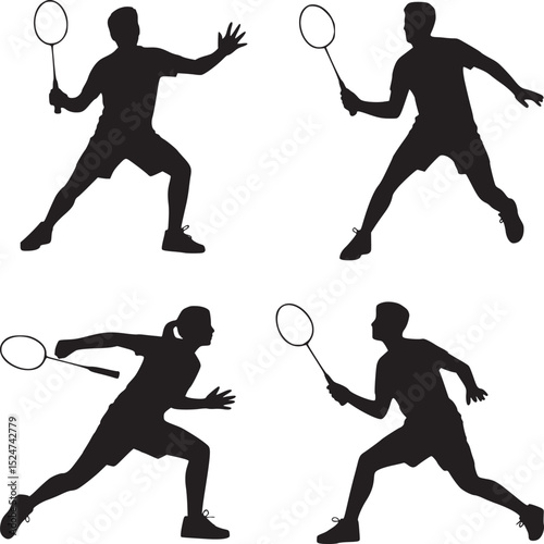 Four badminton player silhouettes in action poses against a white background in a square arrangement