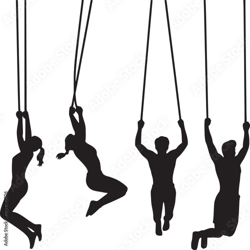 Silhouettes of people hanging on ropes in various athletic poses against a white background image view