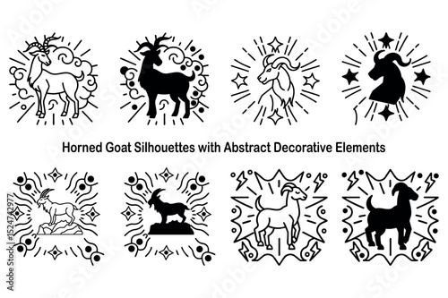 Goat Silhouettes with Decorative Elements, Horned Animals, Abstract Circles and Stars