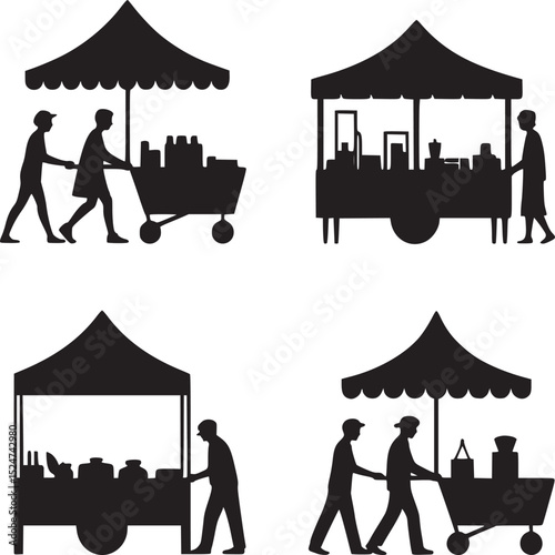 A collage of market stalls and people silhouettes in black and white on a light brown background