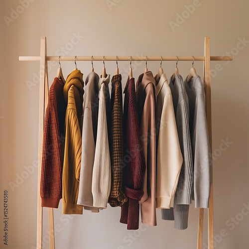 Autumnal clothing collection on wooden rack