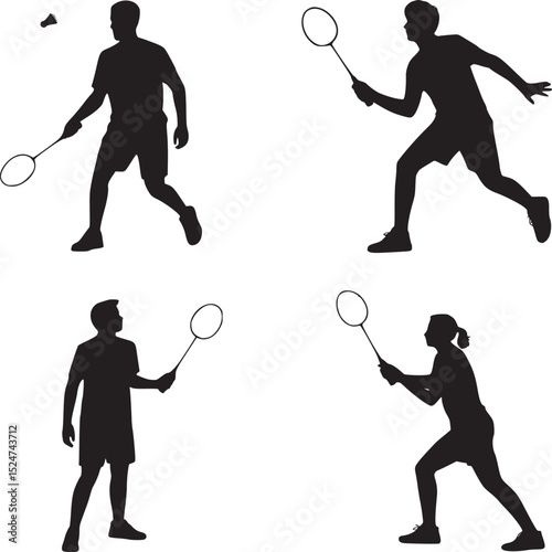 Four badminton player silhouettes in action poses with rackets and shuttlecock on a white background