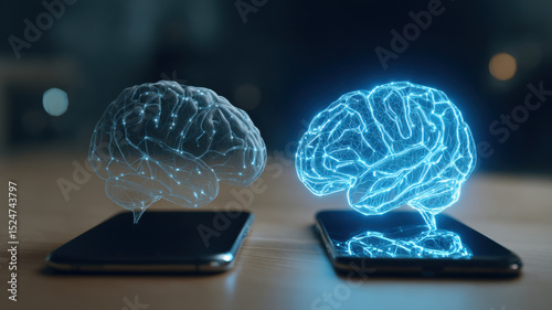 Outdated phone vs AI brain model, symbol of digital transformation in business
