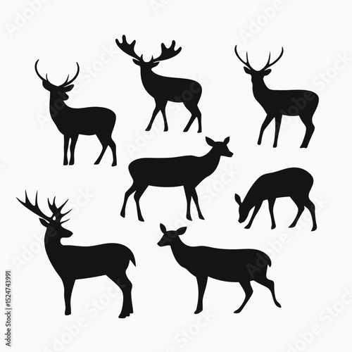 Collection of Deer Silhouettes Elegant Black and White Vector Illustrations