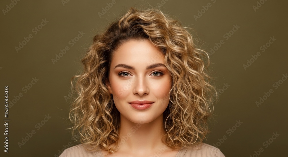 Fototapeta premium Portrait of a Woman with Curly Blonde Hair against Olive Green Background