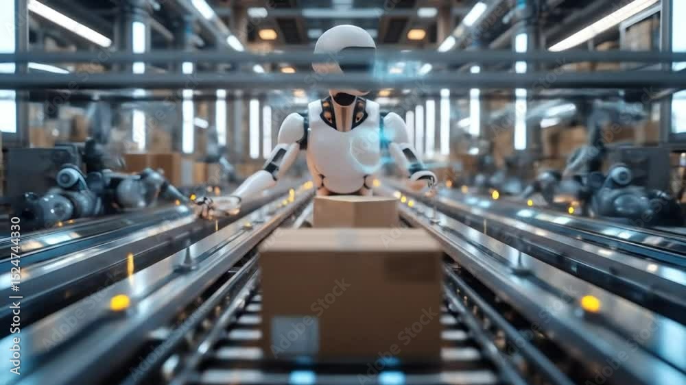 Futuristic warehouse automation showcasing robotic efficiency., Clean delivery – no audio, full creative freedom

