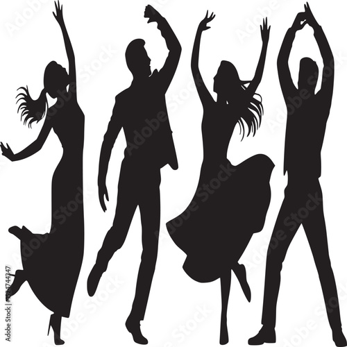 Silhouette of four people dancing with arms raised on a light background in a celebratory mood