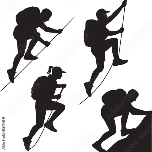 Silhouettes of four climbers ascending with ropes and climbing a rock on a white background view