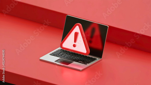 Laptop displaying a warning sign, indicating a system error or security breach. Red exclamation triangle highlights potential data loss or vulnerability