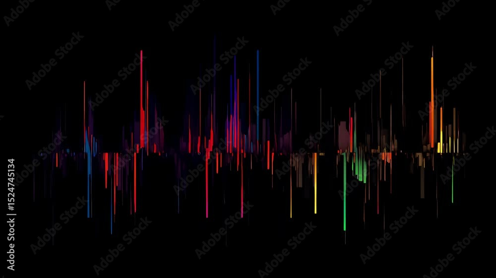 Abstract digital art of vibrant neon orange and red long blocks and glitches over a black background