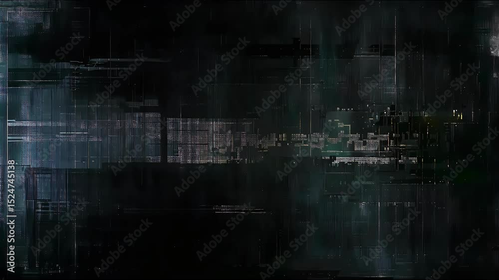 Abstract digital art of vibrant white and blue long lines and glitches over a black background