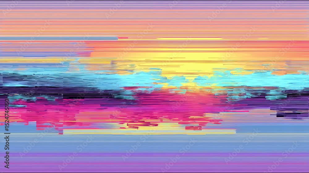 Abstract digital art of vibrant mixed neon color lines and glitches over a blue background