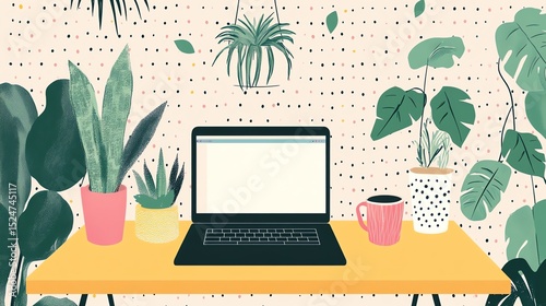 Laptop on Yellow Desk with Plants and Coffee - Cozy Home Office Illustration