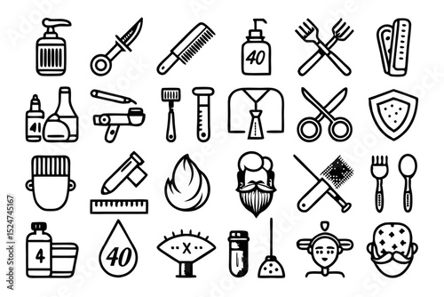 Collection of line icons depicting shaving beard grooming barbering and hair styling tools isolated on transparent background