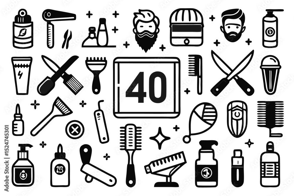 Obraz premium Collection of line icons depicting shaving beard grooming barbering and hair styling isolated on transparent background