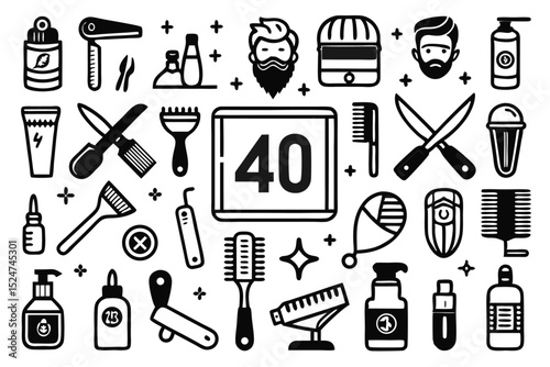 Collection of line icons depicting shaving beard grooming barbering and hair styling isolated on transparent background