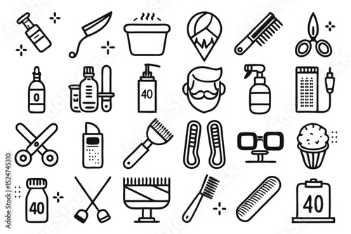 Collection of line icons depicting shaving beard barber hair care tools isolated on transparent background
