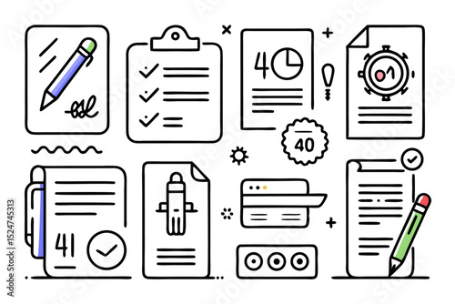Collection of line icons depicting signature contract documents isolated on transparent background