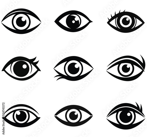 Collection of stylized eye icons in black and white.
